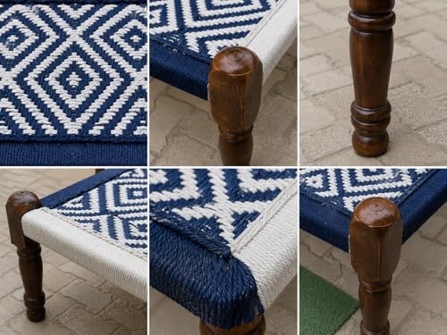 Image of Handwoven Wooden Bench | Traditional Rope Charpai Stool | Solid Wood Frame Seating for Living Room, Balcony & Outdoor | Durable & Stylish Design (Blue & White Finish)