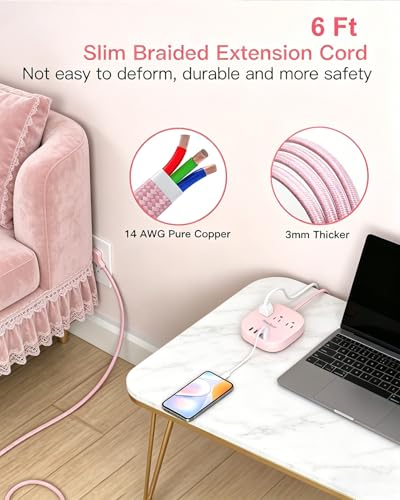 Image of Cruise Ship Travel Essentials, 22.5W /4.5A Flat Plug Power Strip, 6Ft Extension Cord, 3 Outlets 4 USB Ports (2 USB C) Cruise Approved Power Strip No Surge Protection, Desktop Charging Station, Pink