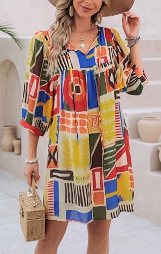 Image of Women's Summer Casual Dresses Boho Floral Drawstring V Neck Lantern Sleeve A-Line Beach Mini Babydoll Dress