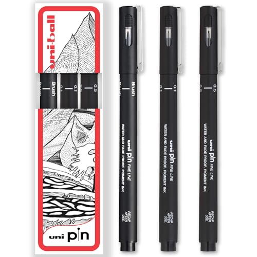 Uni Pin Fineliner Stylo à dessin – 0,1 mm, 0,5 mm et pointes pinceau – Encre noire – Lot de 3 – Dans un coffret cadeau