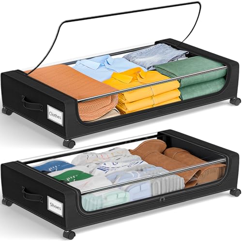 Image of GoMaihe Under Bed Storage with Wheels: 48L Underbed Storage Containers with Clear Lids - Rolling Drawers & Bins for Shoes Clothes in Dorm Bedroom - Space-Saving Easy Pull-out Black 2-Pack
