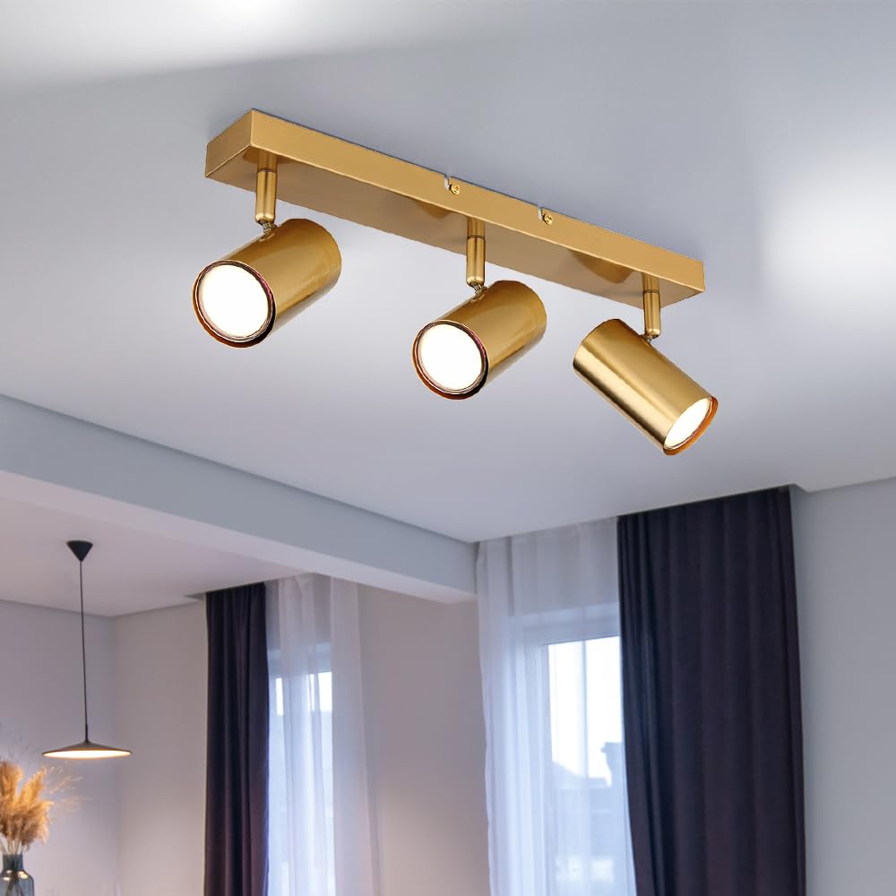 Deckenleuchte Spotleuchte Deckenlampe Wohnzimmerlampe Küchenleuchte Flurlampe, Metall Gold, 3 Flammig Spots beweglich, L 41 cm