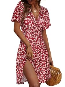 LIAMERHE Robe Été Femme Courte à Col en V - Robe Portefeuille Imprimé Floral Manches Courtes/sans Manches Robe Bohème Chic et Élégante pour Mariage Invitée Vacances Plage Fleurs-2 XL