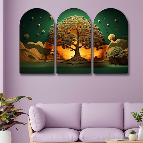 Image of Livin'luxe Golden Tree Landscape Wall Art - 3 Panel Sunset Nature Painting | Vibrant Green & Gold Decor for Living Room, Bedroom, Dining Hall, Office | Modern Triptych Wall Hanging