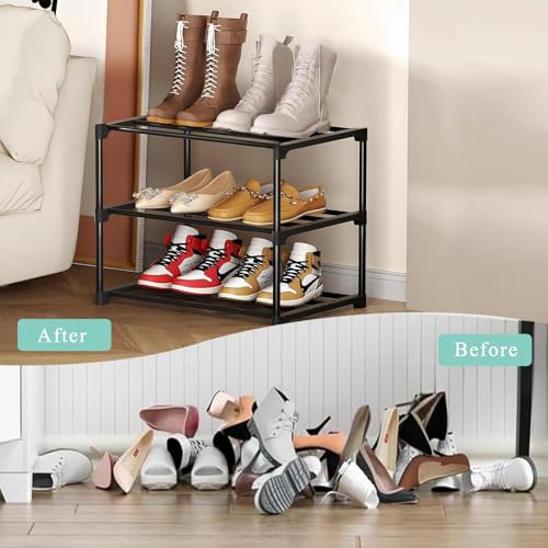 Étagère à chaussures à 3 niveaux, petit organisateur de chaussures étroit, étagère de rangement en métal, économie d'espace, assemblage facile et design solide, étagère à chaussures empilable pour – Image 6