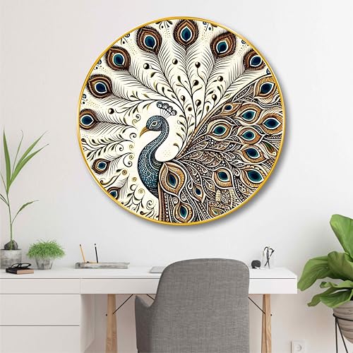 Image of SAF Elegant Mandala Peacock Round Wall Art | 3D Embossed MDF Panel with Golden Rim | Artistic Home & Office Wall Decor | Intricate Peacock Design for Living Room, Bedroom (16 x 16 Inch) GRM-306