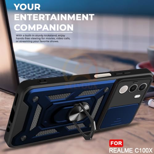 Image of Armor Bumper Back Cover Case for Realme C100X Rotating Camera Cover, Ring Holder & Kickstand | Heavy Duty & 360 Degree Protection Back Cover for Realme C100X (Blue)