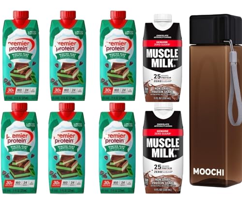 Protein Shake Variety Pack 8 Ready-to-Drink Chocolate & Mint-Style Protein Beverages 11 fl oz Bottles | Includes Free Reusable Water Bottle | Custom Bundled by MOOCHI
