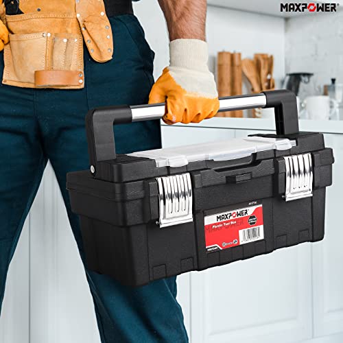 Maxpower 16 Inch Tool Box With Removable Tray, Portable Toolbox With Stainless Steel Handle & Doule Metal Latch, Rated Up To 33 Lbs #TOP6