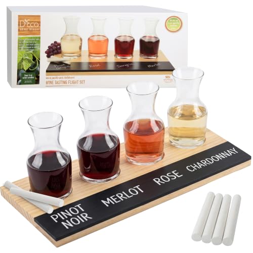 D'Eco Wine Tasting Flight Board Set, Wood Chalkboard & 4 Decanter Glasses