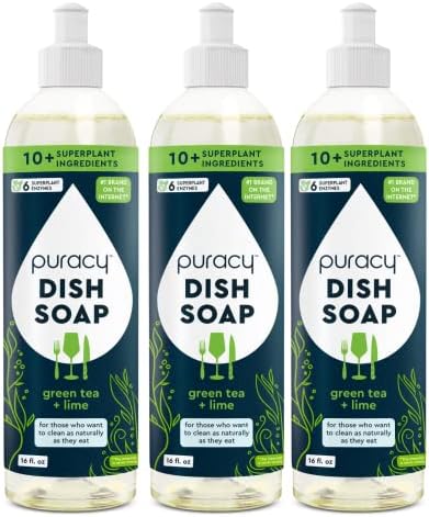Puracy Dish Soap, Green Tea & Lime, Care for Your Dishes and Your Hands, 99.96% Plant-Based, Natural Liquid Dishwashing Detergent, Skin Friendly Sulfate-Free Kitchen Soap, 16 Fl Oz (Pack of 3) Puracy Dish Soap, Green Tea & Lime, Care for Your Dishes and Your Hands, 99.96% Plant-Based, Natural Liquid Dishwashing Detergent, Skin Friendly Sulfate-Free Kitchen Soap, 16 Fl Oz (Pack of 3)