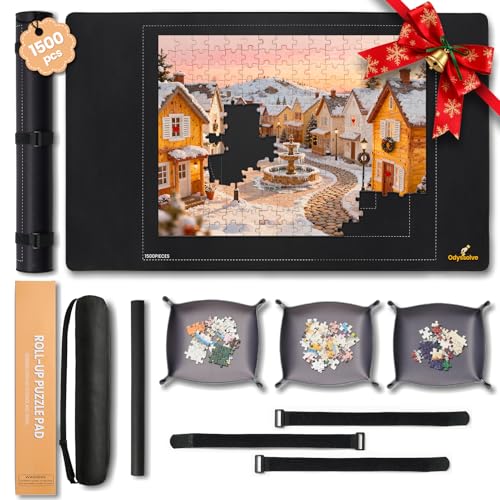 Odyssolve Jigsaw Puzzle Mat Roll Up 1500 Pieces Saver Pad 46' x 26' with 3 Sorting Trays & Travel Storage Bag Portable Non-Slip Rubber Bottom