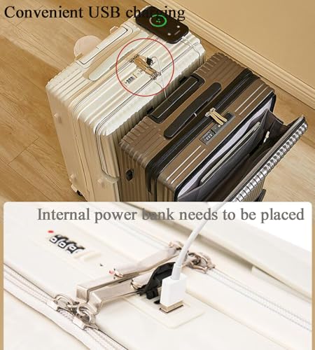 Hard Case with Front Opening, Carry-On Suitcase Hand Luggage Trolley 100% ABS Suitcases with USB Port, Beverage Holder and 4 Double Swivel Wheels,White,24in4