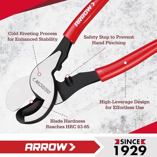 Image of ARROW 9.5 inch Cable Cutter High Leverage, Wire Cutters Heavy Duty with Thick Dip-Grip Handle, CR-V Steel, Cutter Tool for 4 /0 Aluminum, 2 /0 Soft Wire, and 100PR 24AWG Communications Cable