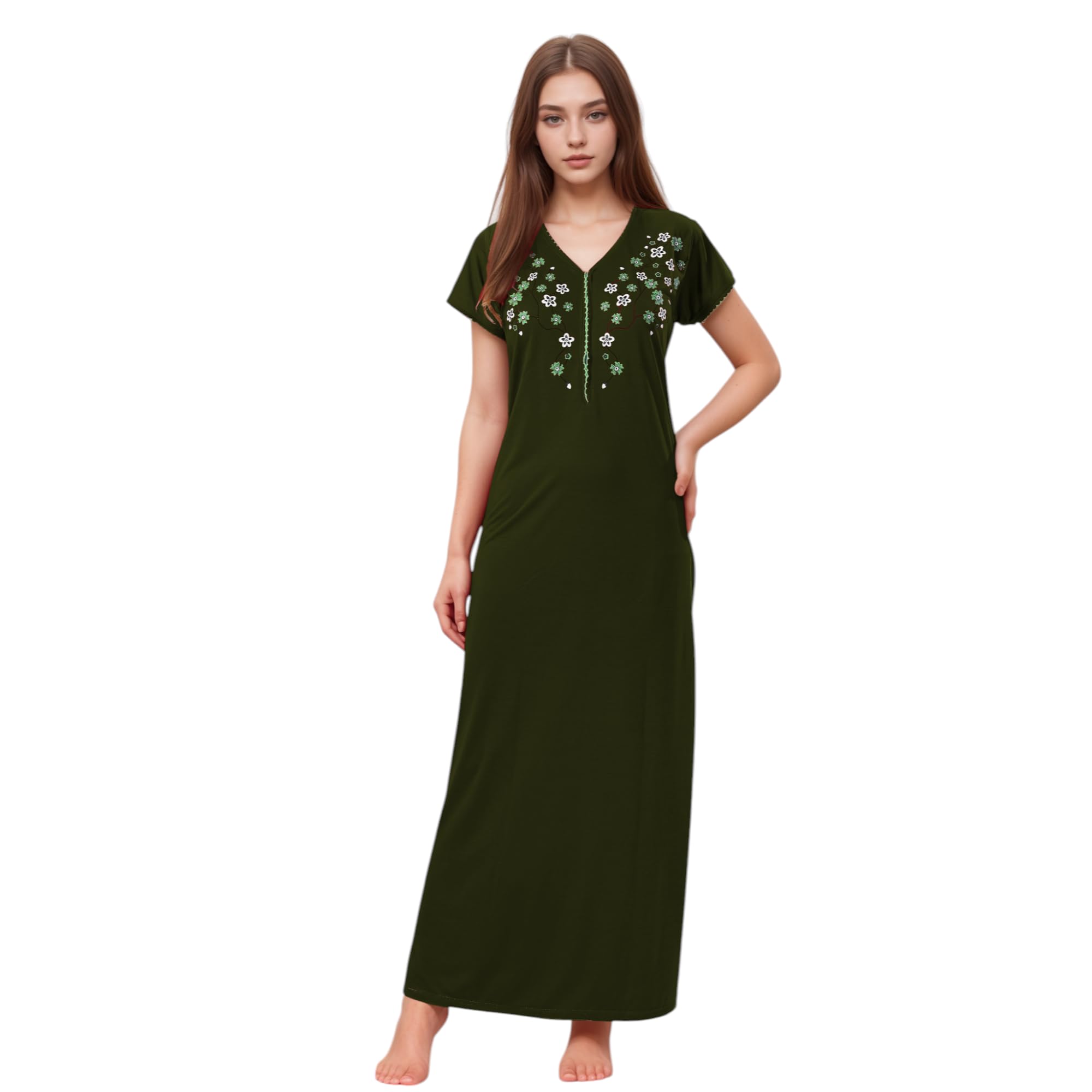 Enchanted Zipper Nighty for Women | Soft Cotton Viscose Printed Nightwear | Full Length Night Dress with Elegant Neck Design | Daily Use Sleepwear for Home and Lounge-image-13