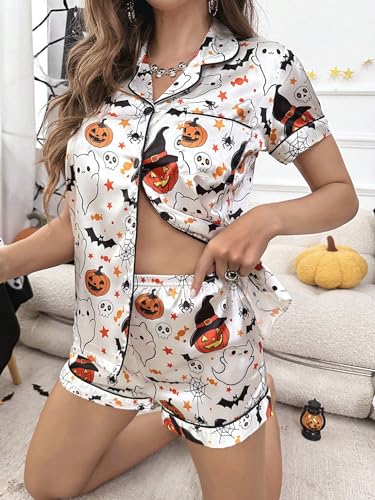 Women's Lounge Sets Ghost Pumpkin Graphic Short Pajamas Set Halloween Loungewear Two-Piece Holiday Outfits3