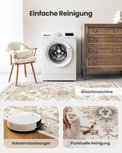Amada Vintage Beige Teppich Wohnzimmer 90x150cm Waschbar – Ansicht 6
