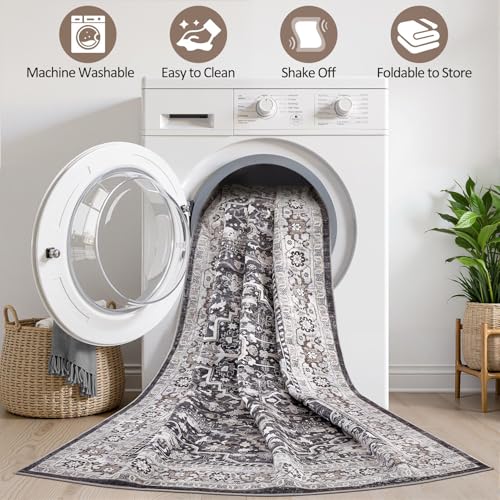 Runner Rug Kitchen Washable Rugs: 3x10 Non-Slip Boho Vintage Distressed Stain Resistant Indoor Floor Moody Oriental Throw Carpet for Hallway Bathroom Laundry Room Entryway Bedroom- Black