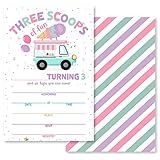 Grace Yonks Ice Cream Truck Three Scoops Of Fun 3rd Birthday Party Invitation, 20 Invitations and Envelopes, Birthday party Invitations, Birthday Party Supplies.(033)