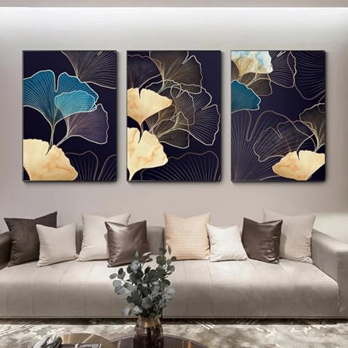 Peinture ginkgo bleu et or pour grand mur de salon moderne
