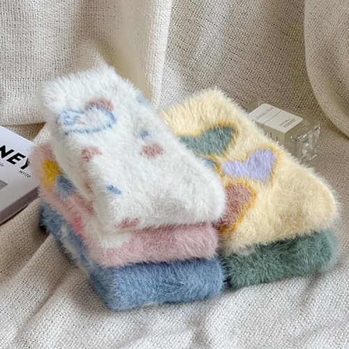 Soft Cute Fuzzy Socks for Women, Winter Cozy Casual Fluffy Sock Thickened Slipper Socks for Home, Outside, 5 Pairs, Size 5-92