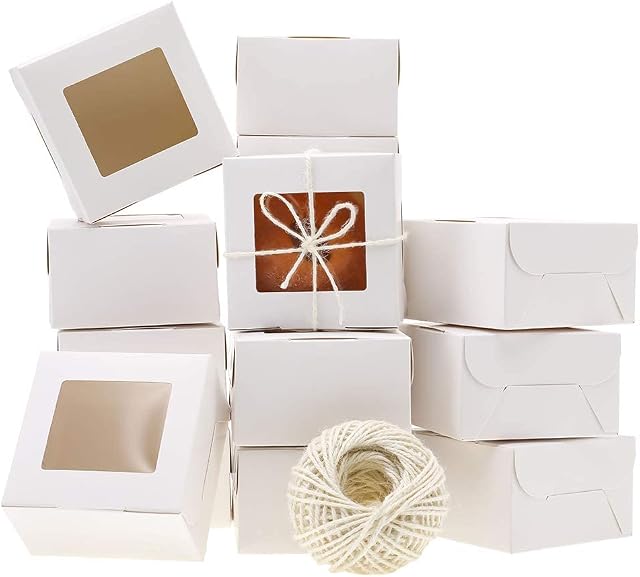 25 Pack White Bakery Box and 100 M Rope with Display Window Paper Board Cardboard Gift Packaging Boxes for Pastries, Cookies, Small Cakes, Pie, Cupcakes, and More(4 x 4 x 2.5 Inch)(10x10x6cm)