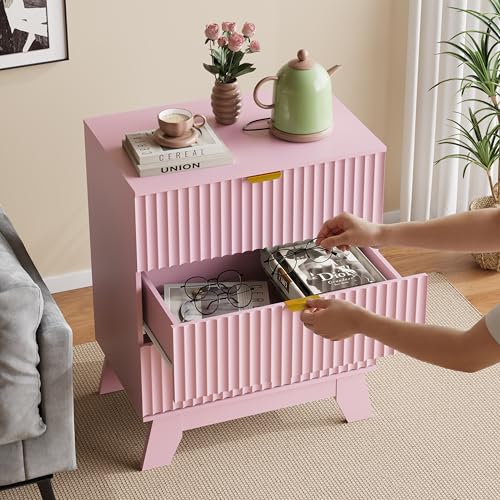 Image of Fluted Nightstand Sets of 2 with 3 Large Drawers, Wooden Side End Table with Elevated Legs for Easy Cleaning, Sturdy Modern Beside Table for Small Space, Bedroom, Pink, 24 inch L