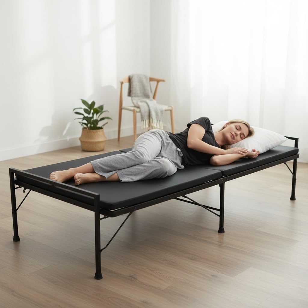 NATTNAK Foldable Single Bed with Mattress | No Assembly Required | Folding Bed for Sleeping, Guests & Small Rooms | Metal Frame | 36 x 72 Inch | Black (Folding Bed with Mattress, 1)-image-31