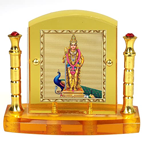 Image of Eknoor 24 Carat Gold Plated Foil on Solid 5MM Thick Acrylic Base Murugan Ji Kartikeya Ji with Peacock God Idol with Golden Frame with for Car Dashboard, Puja Ghar and Offices (GFWP), Idol