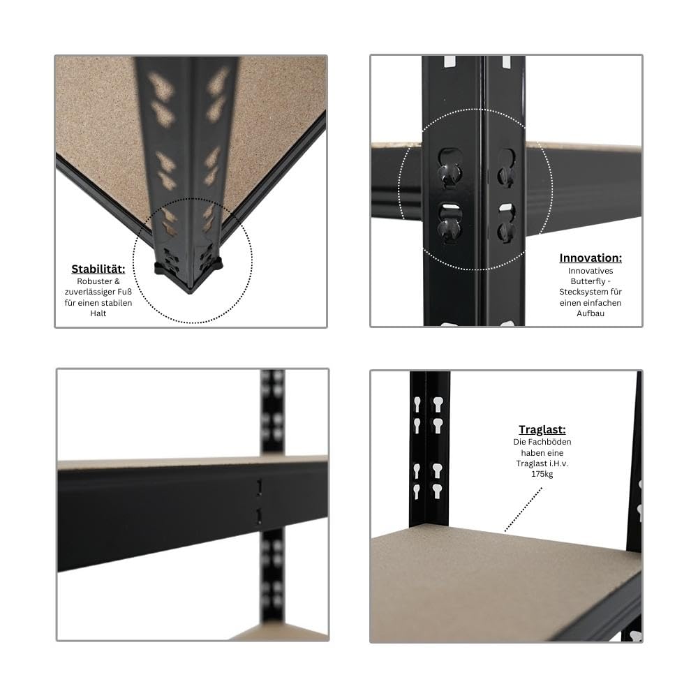 PROREGAL Mega Deal | 4X Étagère pour Charges Lourdes Apollo | HxLxP 150x90x30 cm | Charge Max. 175kg | Noir