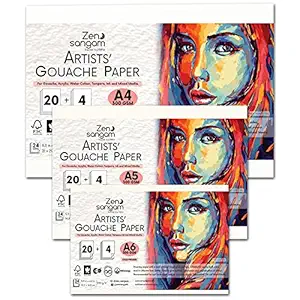 Zen Sangam Artists' Gouache Painting Paper - 300GSM, Set of A4,A5,A6 (24 Sheets each)- Cold Pressed Rough Grain Surface, Acid Free - for Gouache, Acrylic, Watercolour, Tempera and Mixed Media