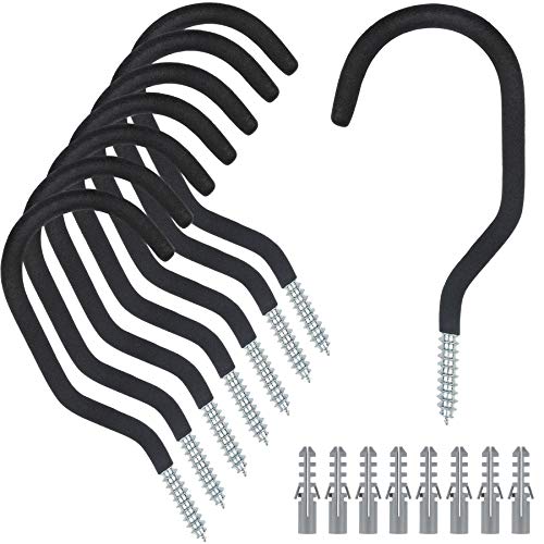 KURUI Heavy Duty Ceiling Hooks for Hanging Plants, Outdoor String Lights, Bike, 8 Pack Large Screw Hooks for Garage Organization and Storage, Black No Drill Wall Hangers