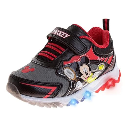 Josmo Kids Mickey Mouse Sneakers LED Light Up Shoes - Cartoon Mickey Shoes Laceless Breathable Athletic Sneakers for Boys - Black Red (Size 11 Little Kid)