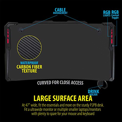Deco Gear Carbon Fiber Desk, Durable Construction, Ergonomic, 6-Color RGB Lighting Accents, Cable Management, Cup Holder, Includes Full Size Extended Gaming Mousepad - Image 4