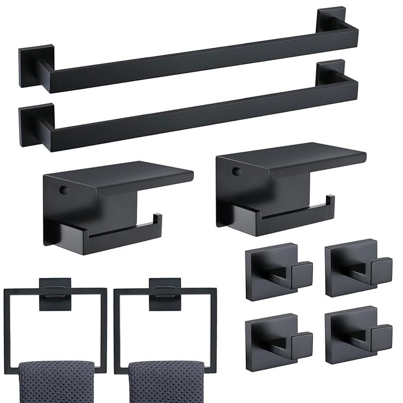 COUOBO Bathroom Towel Hook 10 Pack Towel Bar Toilet Paper Holder, for Bedroom, Hotel - Modern Design Effortless Mounting Towel Hangers, Matte Black