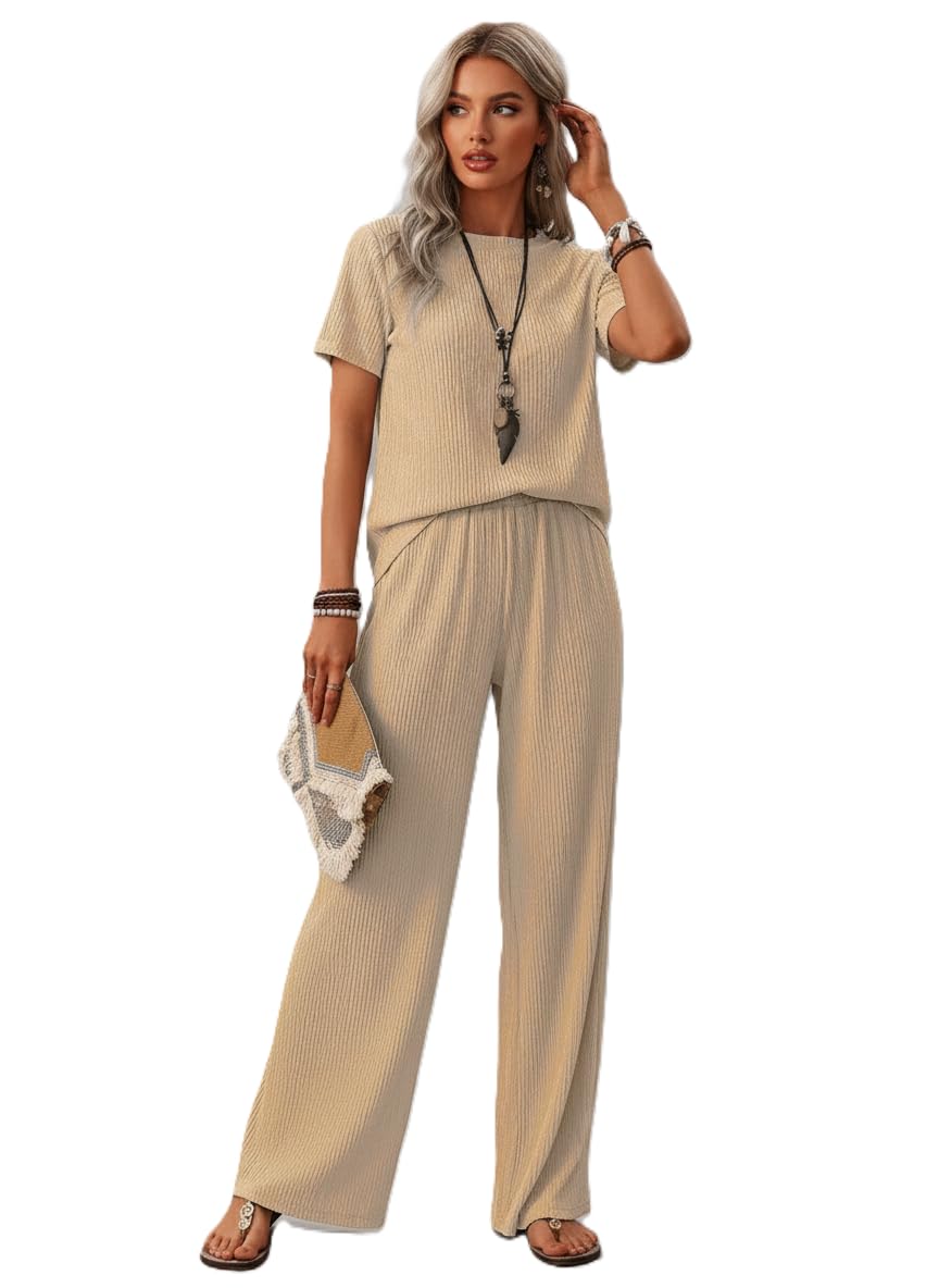 Women's Ribbed Co-Ord Set, Beige, 2XL, Cotton Blend, Short Sleeve Top with Wide Leg Pants, Regular Fit-image-47