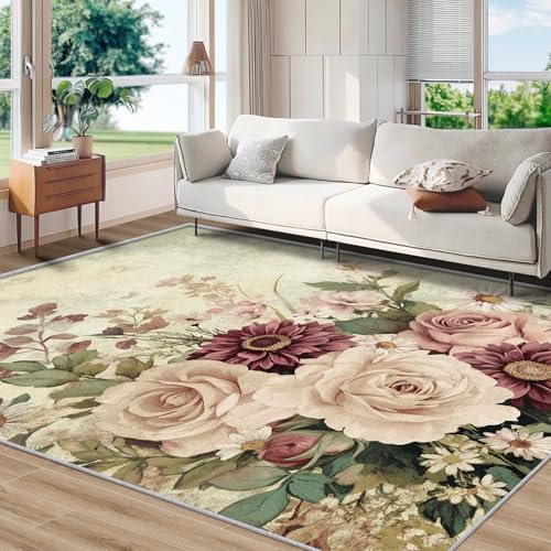 Zydzarrx Vintage Rose Rug, Washable Rustic Floral Area Rugs 3x4