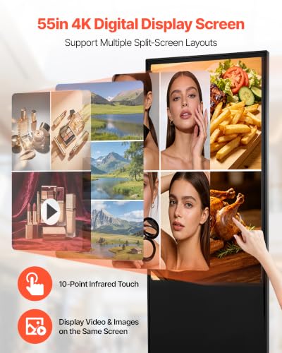 Image of VEVOR 55 in Indoor Digital Signage 4K Floor Stand Advertising Display Kiosk, WiFi HDMI /USB Input Android OS, 178 Wide View, LCD Touchscreen Interactive Monitor, Mobile Commercial Totem Poster