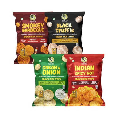 Image of Asmita Organic Farms Brown Rice Crisps (55g) | Not Fried, Not Baked | No Palm Oil, No Trans-Fat | Popped Healthy Chips | Crunchy Snack in 4 Exciting Flavours | 4 x 55g Combo Pack