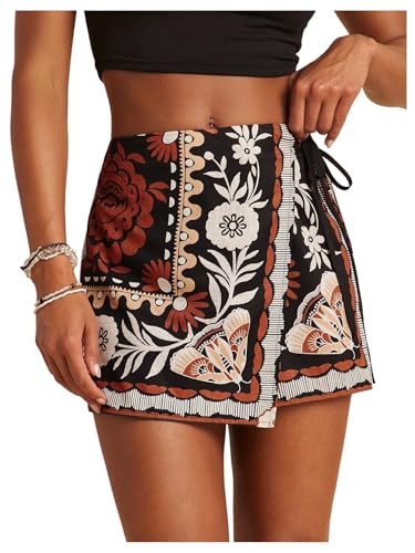 SweatyRocks Womens Boho Mini Skirts Floral Shorts Tie Side Wrap Elastic Waist Summer Skorts Beach Vacation Outfits Black Small