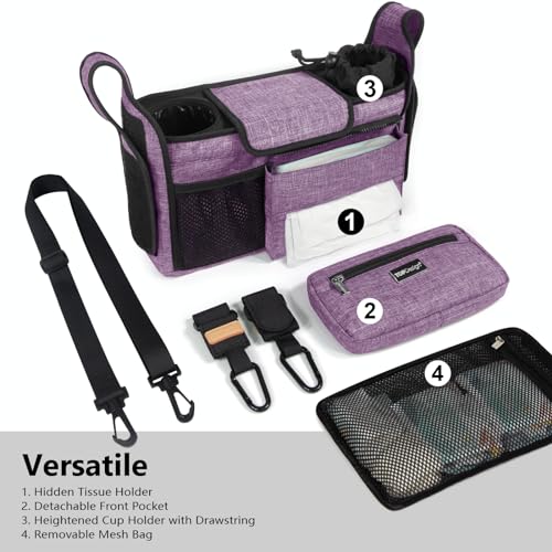 Image of TOPDesign Universal Baby Stroller Organizer, Stroller Caddy with Detachable Mesh Bag & Heightened Insulated Cup Holders & Non-Slip Secure Hooks Accessories, Fits Most Strollers (Purple)
