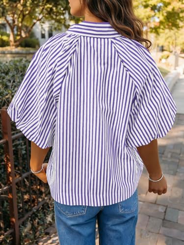 Image of Tankaneo Womens Short Puff Sleeve Button Down Shirts Striped Trendy Casual Loose Fit Blouse V Neck Collared Tops