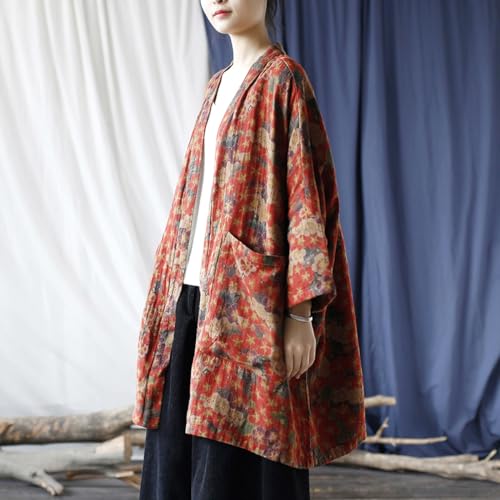 Ystylee Women Vintage Kimono Jacket Colorful Printed Open Front Cardigan Fall Outwear Dust Coat with Pocket3