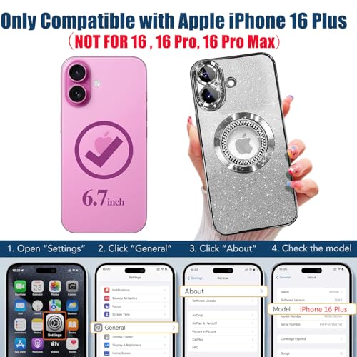 Image of Misscase for iPhone 16 Plus Magnetic Glitter Case Compatible with MagSafe,Full Protection Slim Shockproof Anti-Scratch Case with Camera Lens Protector Logo View Dust-Proof Net for Women Silver