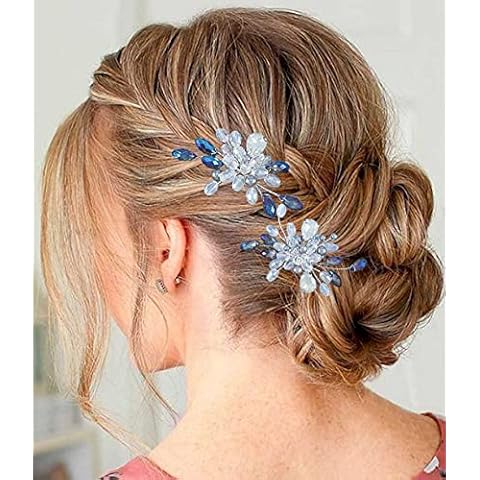 YBSHIN Bride Wedding Blue Hair Pins Silver Crystal Hair Clips Rhinestone Bridal Headpieces Beaded Hair Accessories for Women and Girls (Pack of 2) Cover