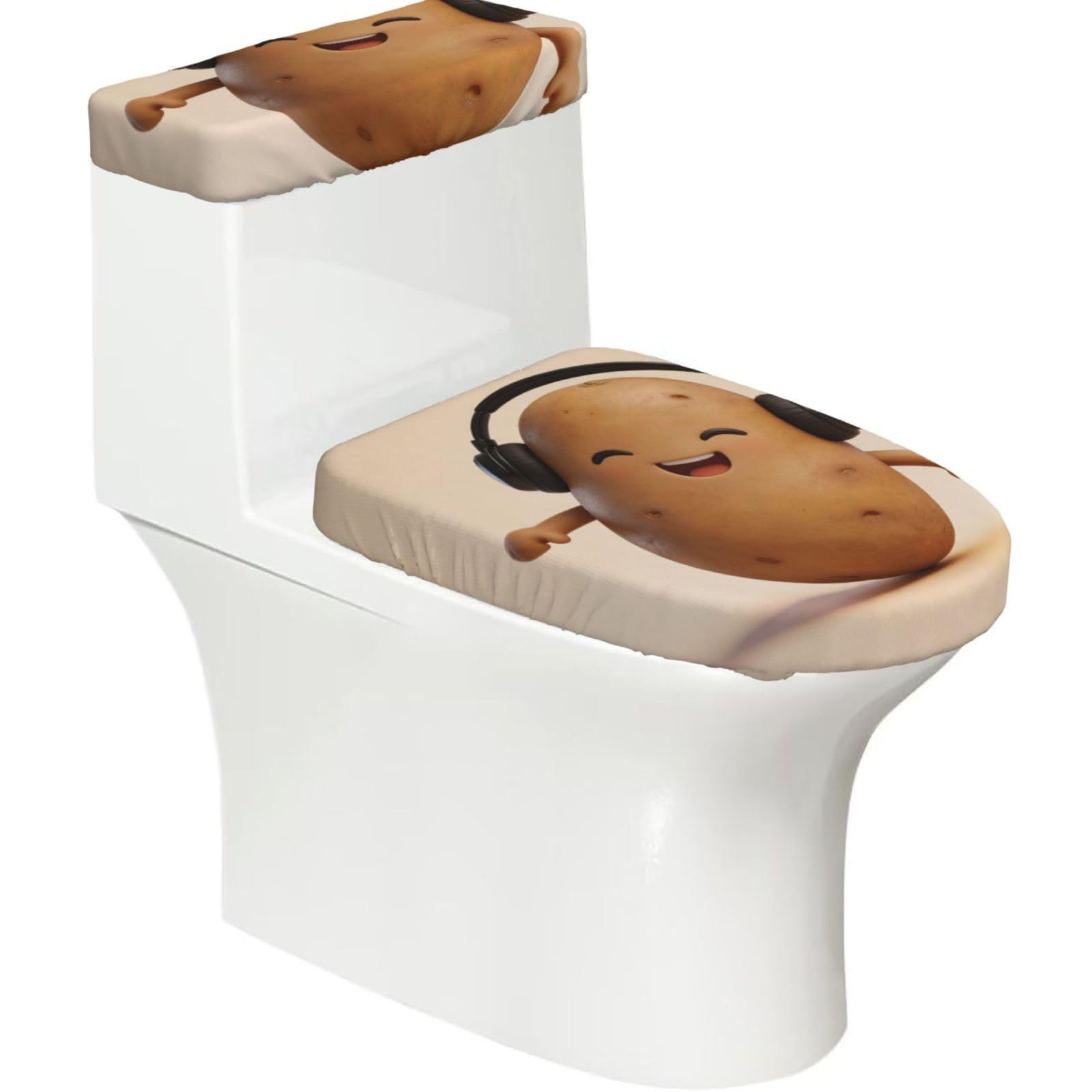 DJ Potato Head Elastic Toilet Cover Set of 2-Stretchy Lid and Tank Covers for Bathroom, Soft Washable U Shape Toilet Decor