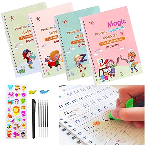 Magic Practice Copybook for Kids, Calligraphy Pens, Calligraphy Set for Beginners, Reusable Calligraphy for Kids, Handwriting Practice Copybook for Preschoolers (Four Copybook and Magic Pens)