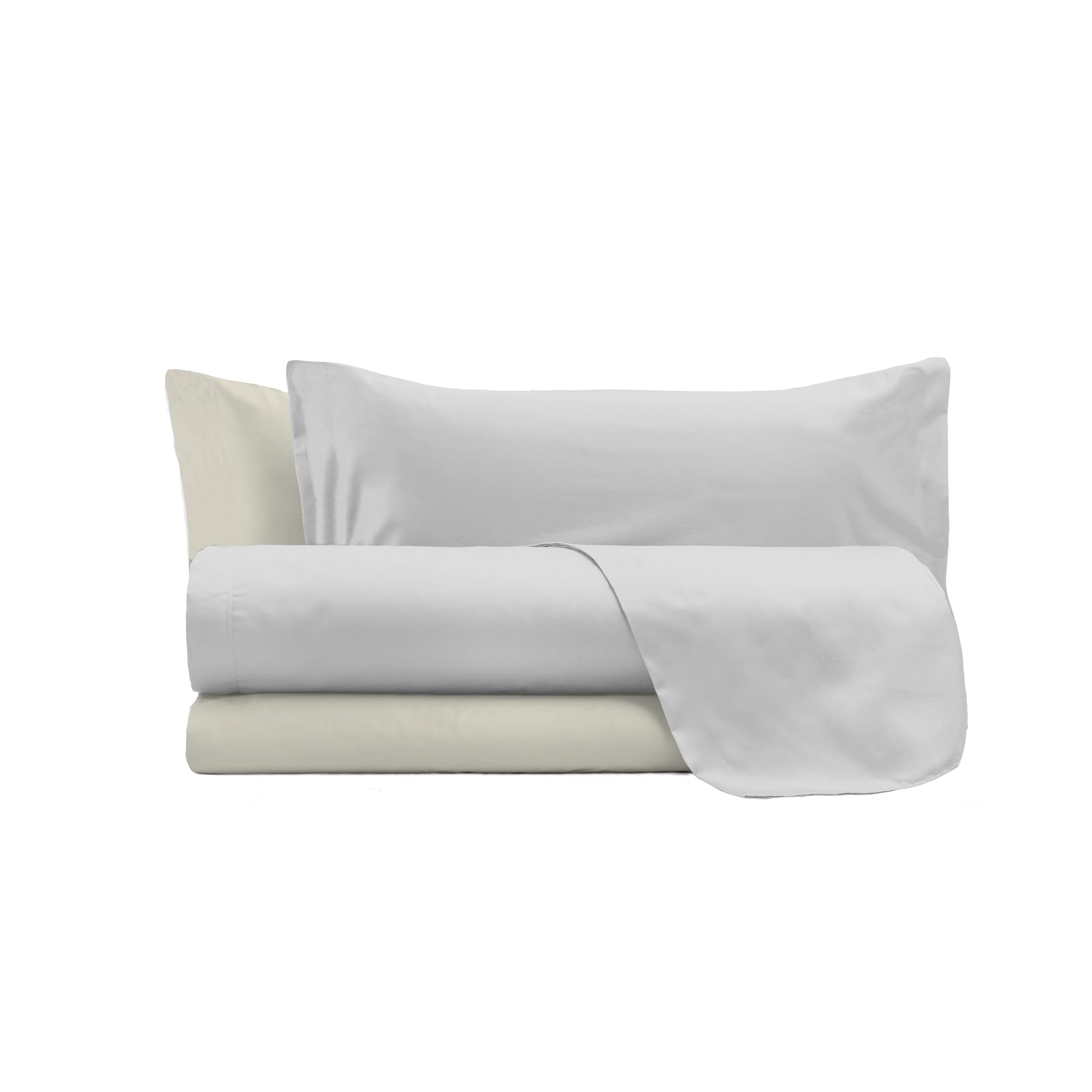 Italian Bed Linen COMPLETO LETTO MATRIMONIALE NATURAL COLOR 100% Cotone - Prodotto in Italia - Sopra 240x300 cm, Sotto 170x200 cm, Federe 50x80 cm Tinta Unita - DoubleFace - Grigio Chiaro/Panna