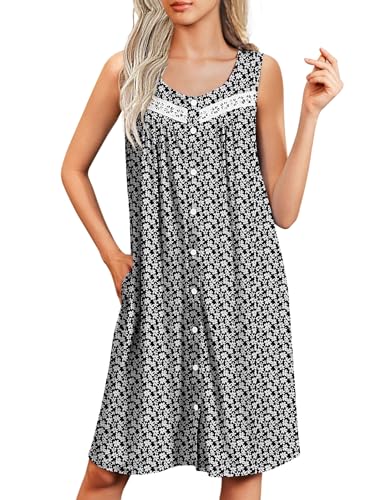 Image of Ekouaer Nightgowns for Women Button Up Sleepshirt Tank Sleeveless Nightshirt Soft Sleepwear with Pockets S-XXXL