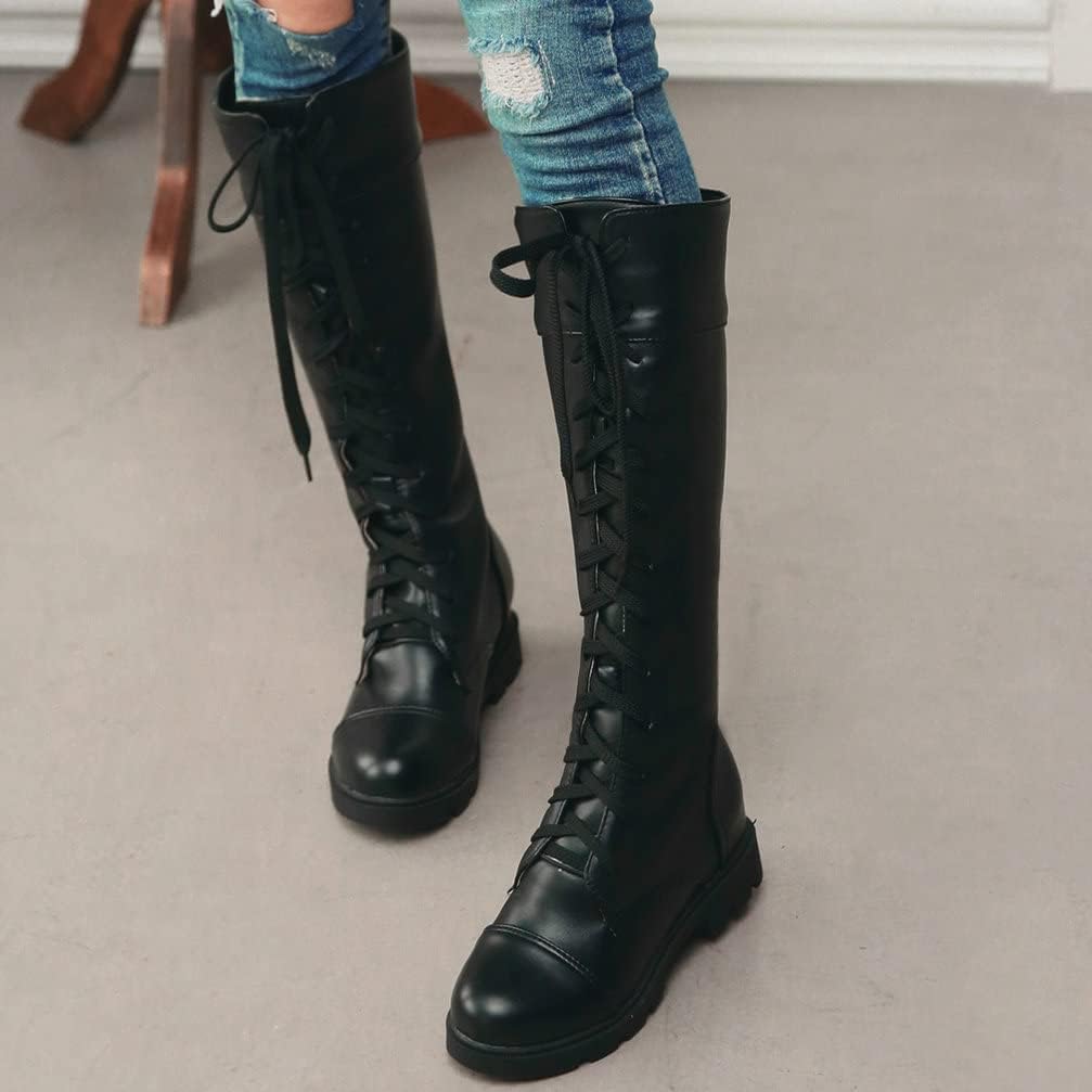 KOKOMOMO Womens Lace Up Low Heel Knee High Combat Military Boots Autumn Winter Shoes